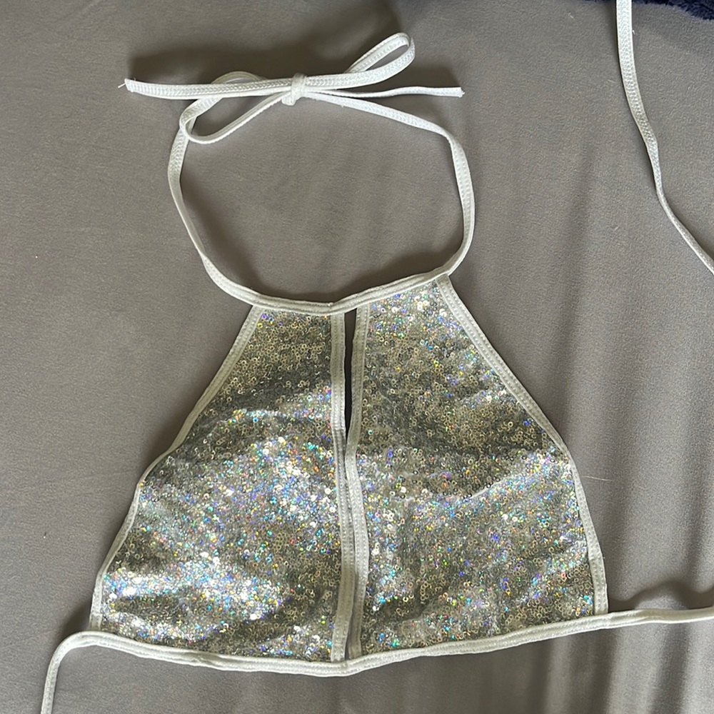 Sequenced Silver Rave Halter Top with Keyhole